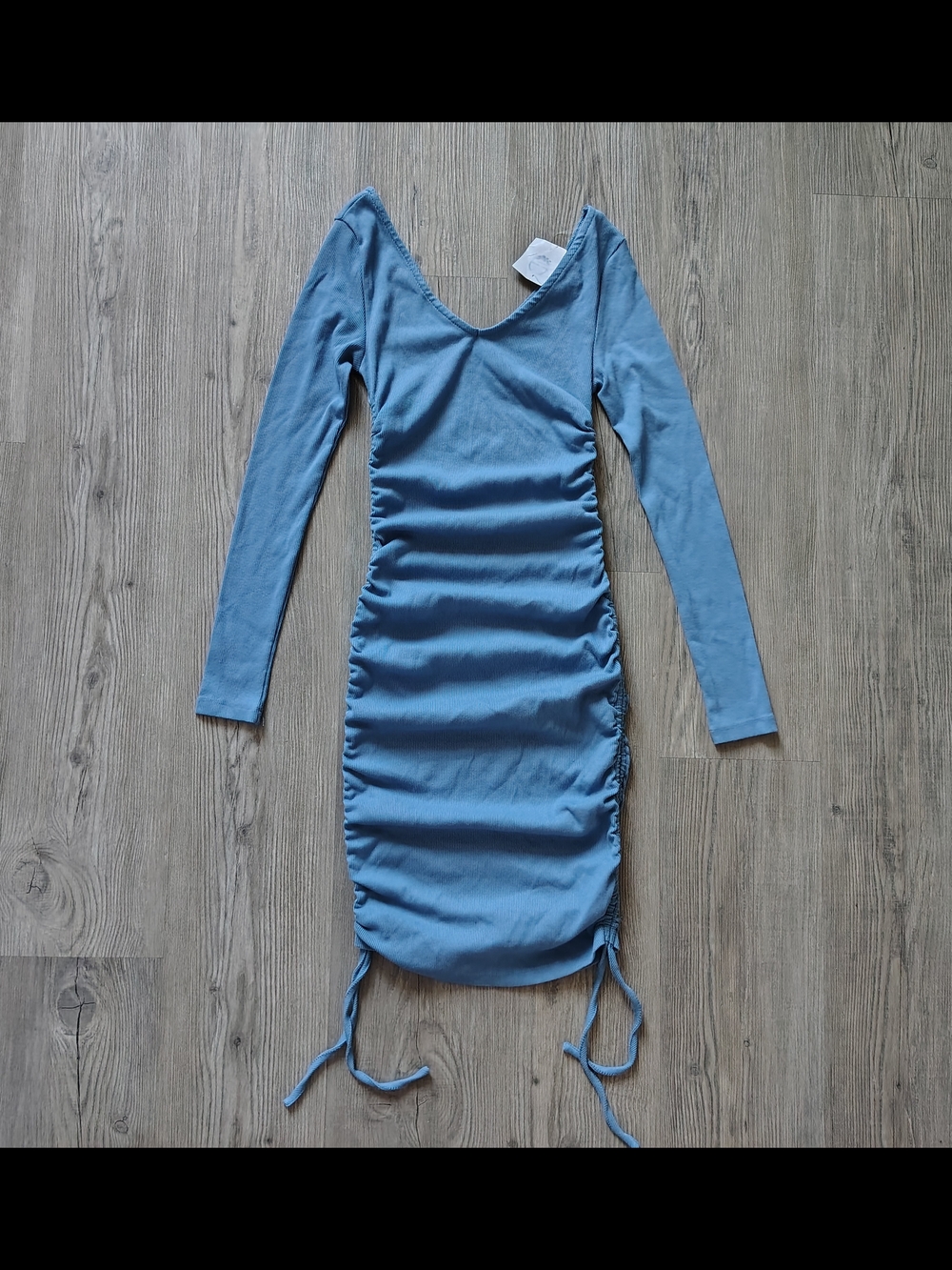 Active USA Womens Ribbed Blue V-Neck Ruched Drawstring Bodycon Midi Dress Size L